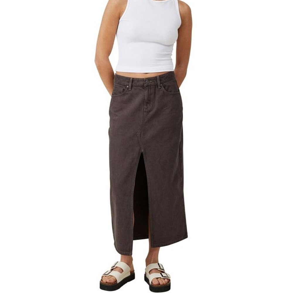 NWT Cotton:On Women's Bailey Denim Maxi Skirt with Slit Graphite Black Size 12